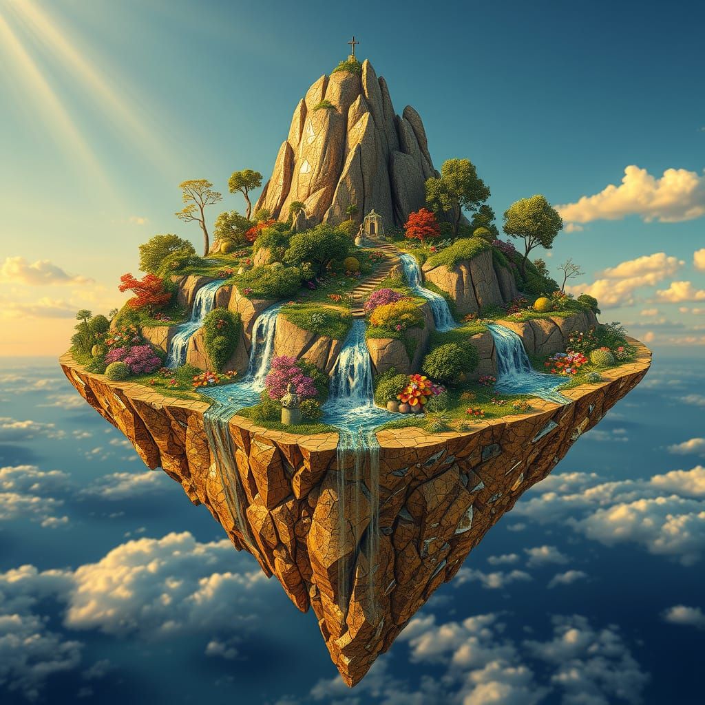 Opulent Floating Island Mosaic in Golden Hour Light