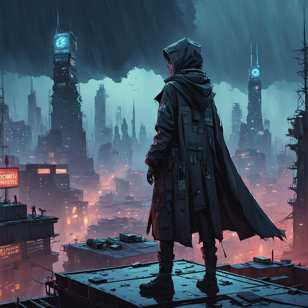 Cyberpunk Assassin Overlooks Neon City from Rain-Slicked Roo...