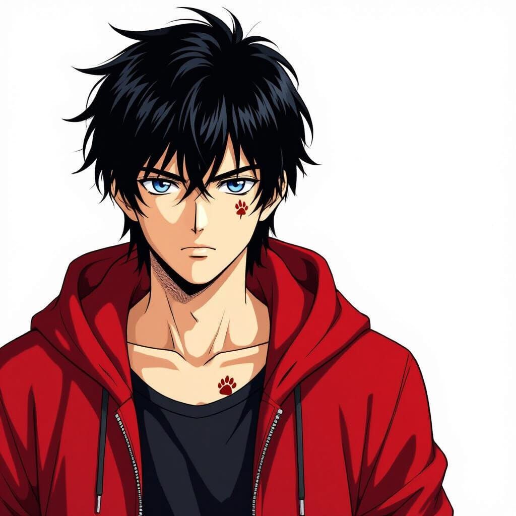 Anime Man with Black Hair and Red Hooded Coat