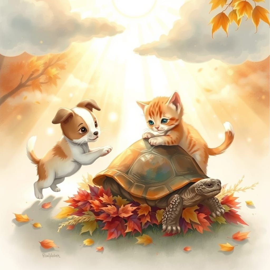 Puppy, Kitten, and Tortoise in Autumn Sunlight