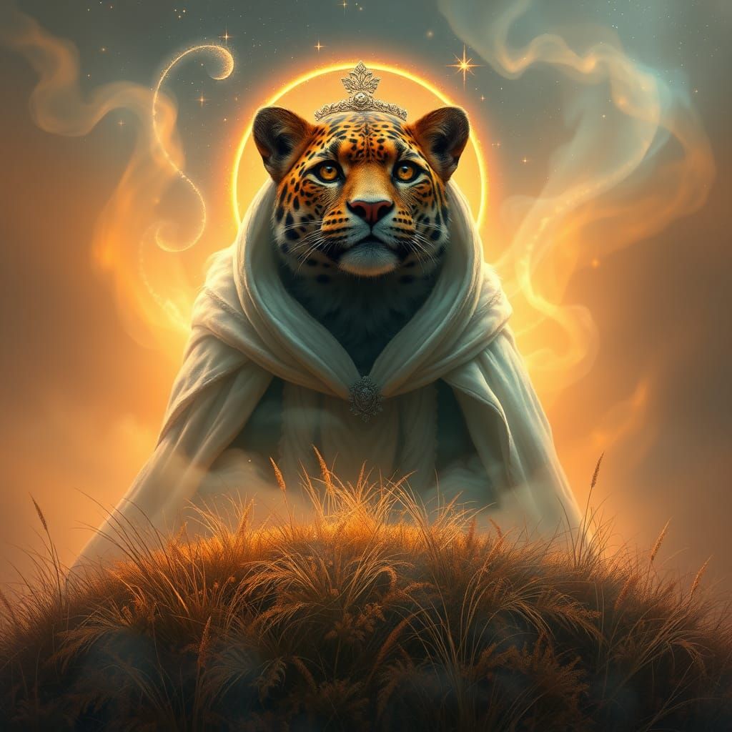 Regal Leopard Figure in Ethereal Fantasy Landscape