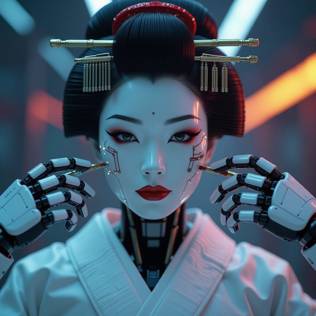 Geisha Android Repaired by Robotic Arms in Cinematic Style
