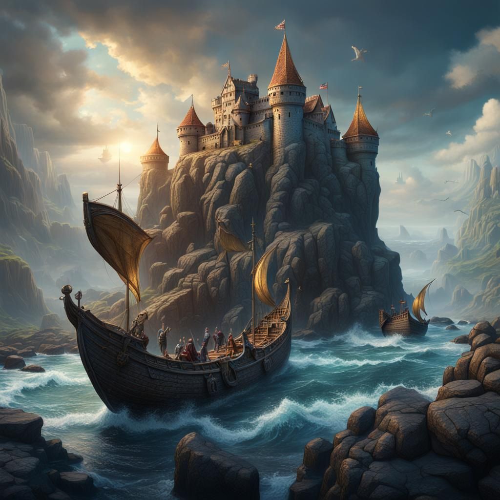 Fantastical Castle, Viking Ship, and Mermaid Art