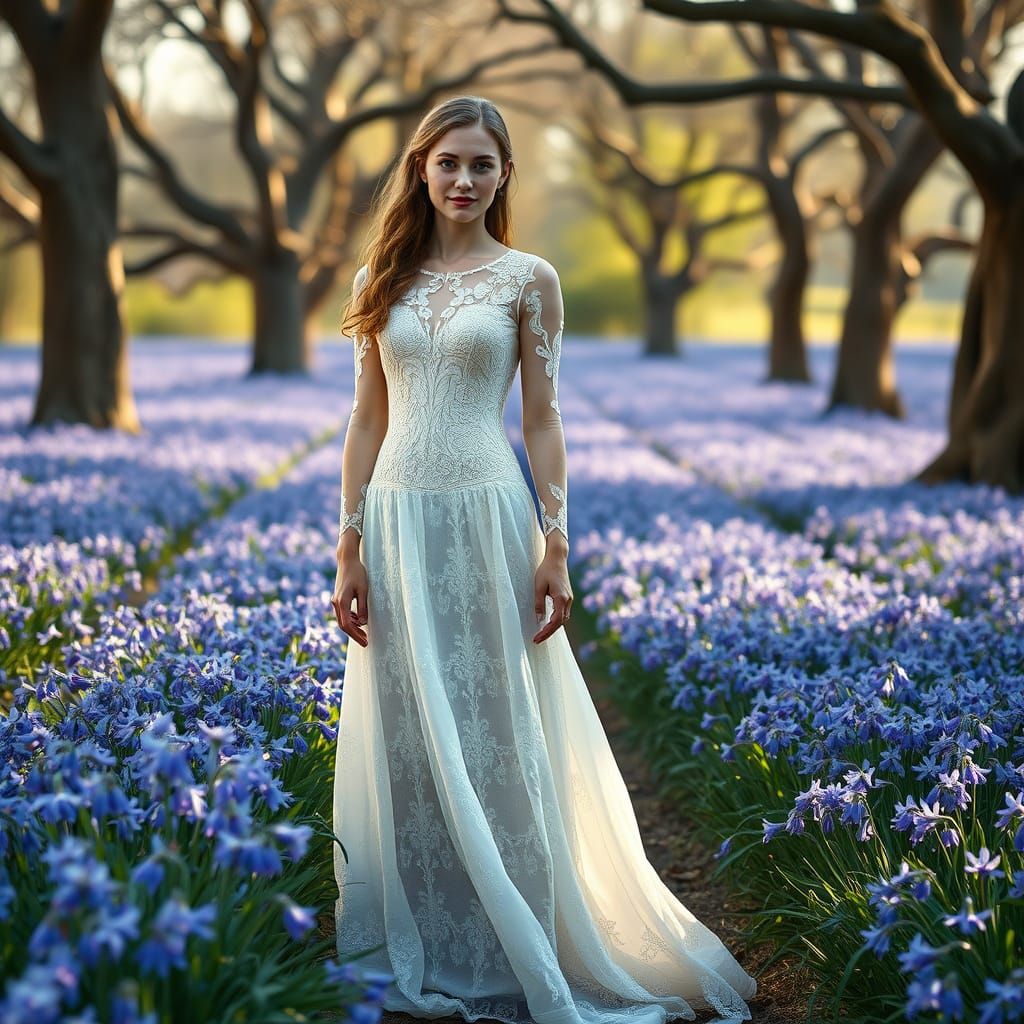 Ethereal Bluebell Maiden in Whimsical Landscape