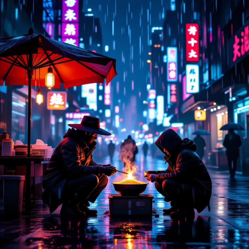 Cyberpunk City Night: Neon Noodles in the Rain
