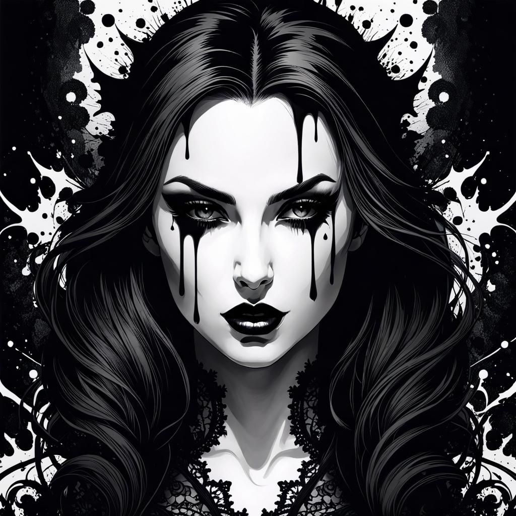Gothic Vampire Portrait in Black and White Ink