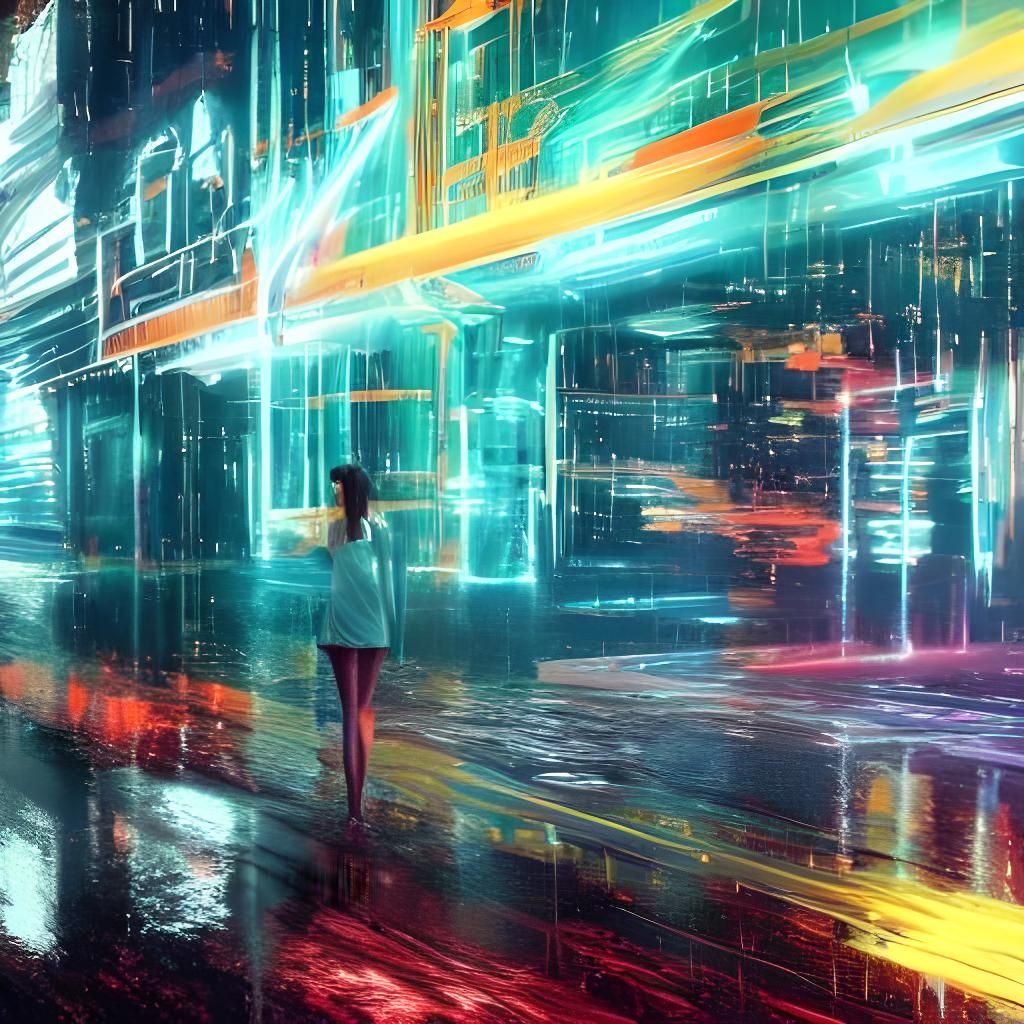 Cyberpunk Woman in Dystopian Scene with Tilt-Shift Effect