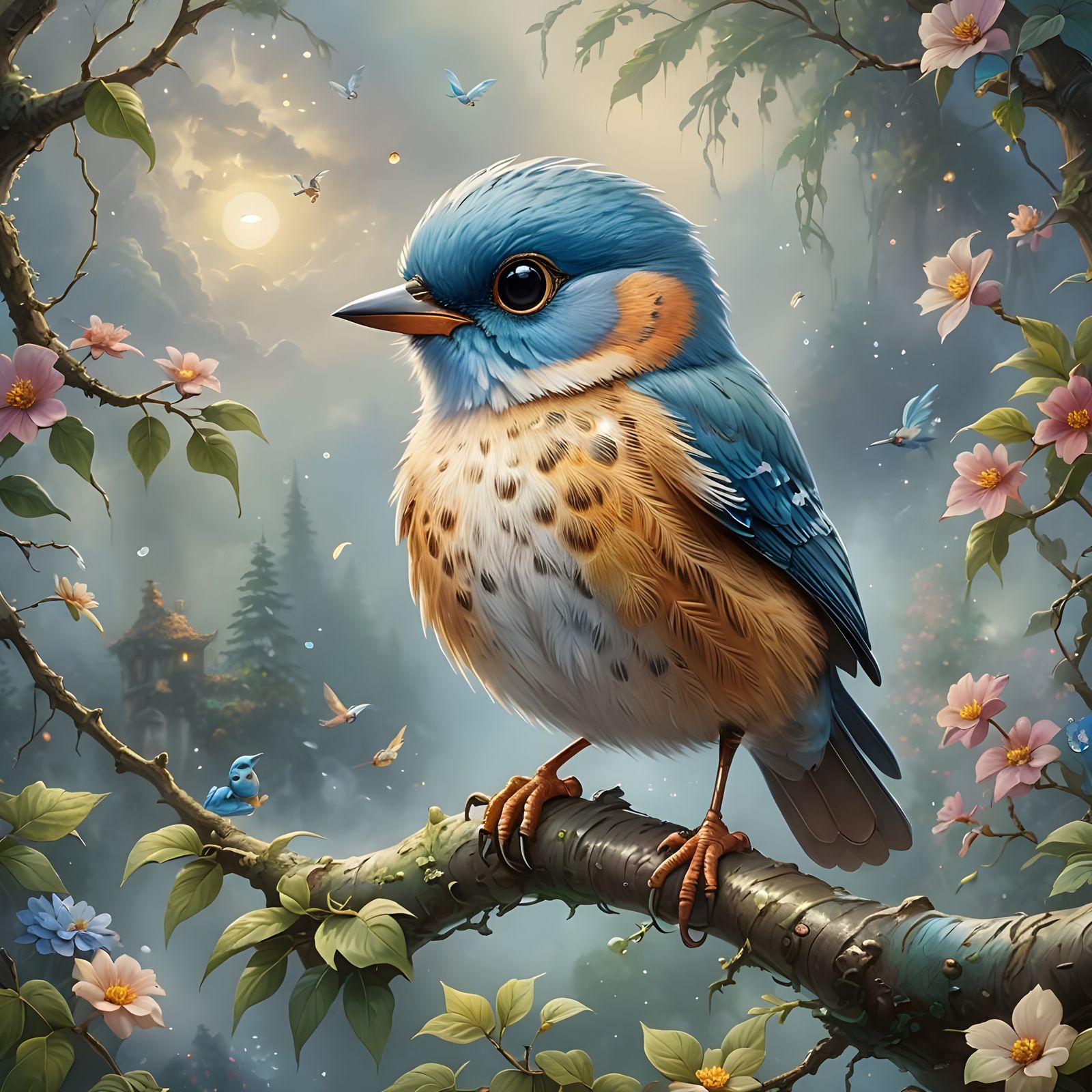 Chibi-Eyed Cartoon Bird in Ethereal Fantasy Landscape
