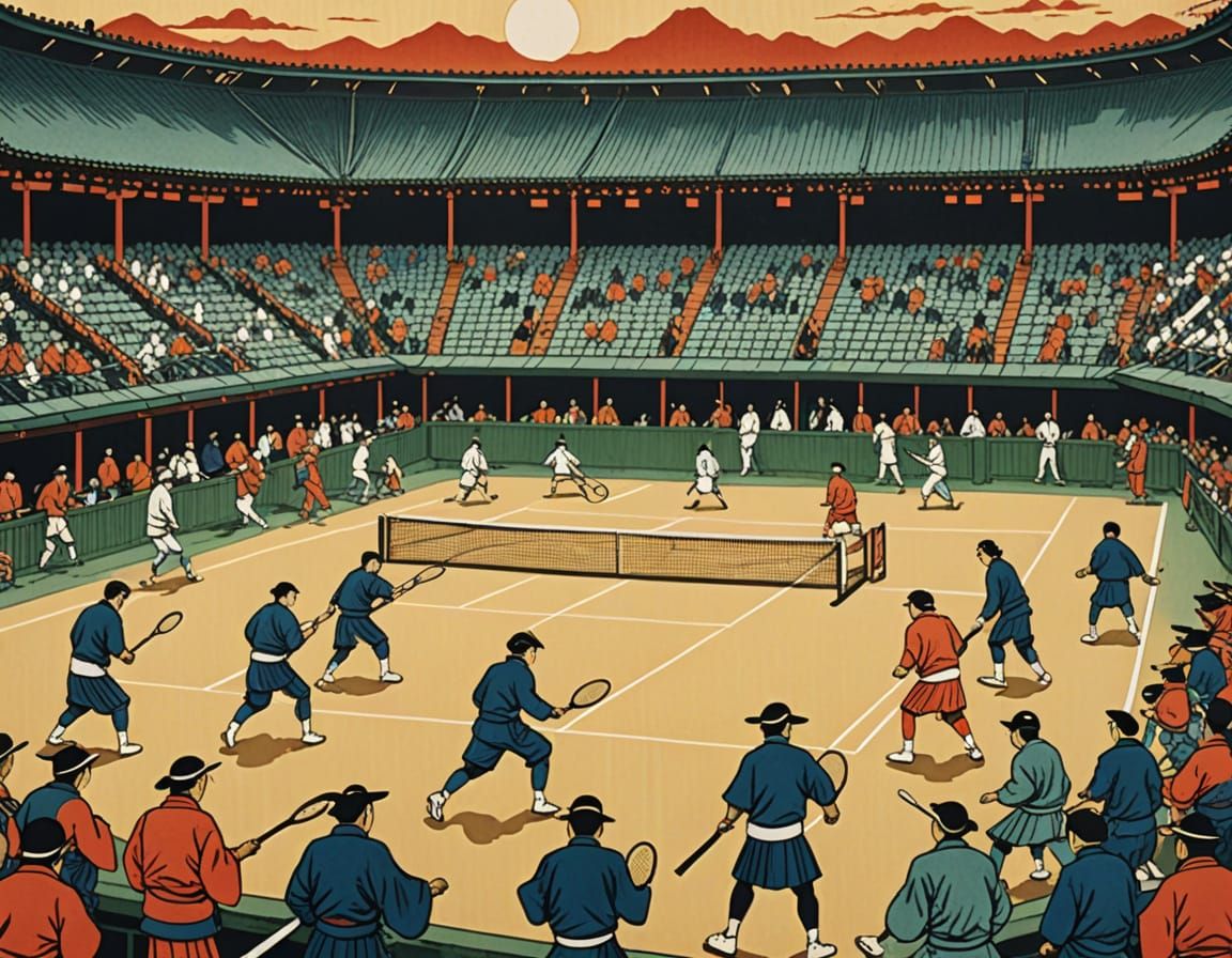 Animals Play Tennis in Ukiyo-e Japanese Woodblock Style