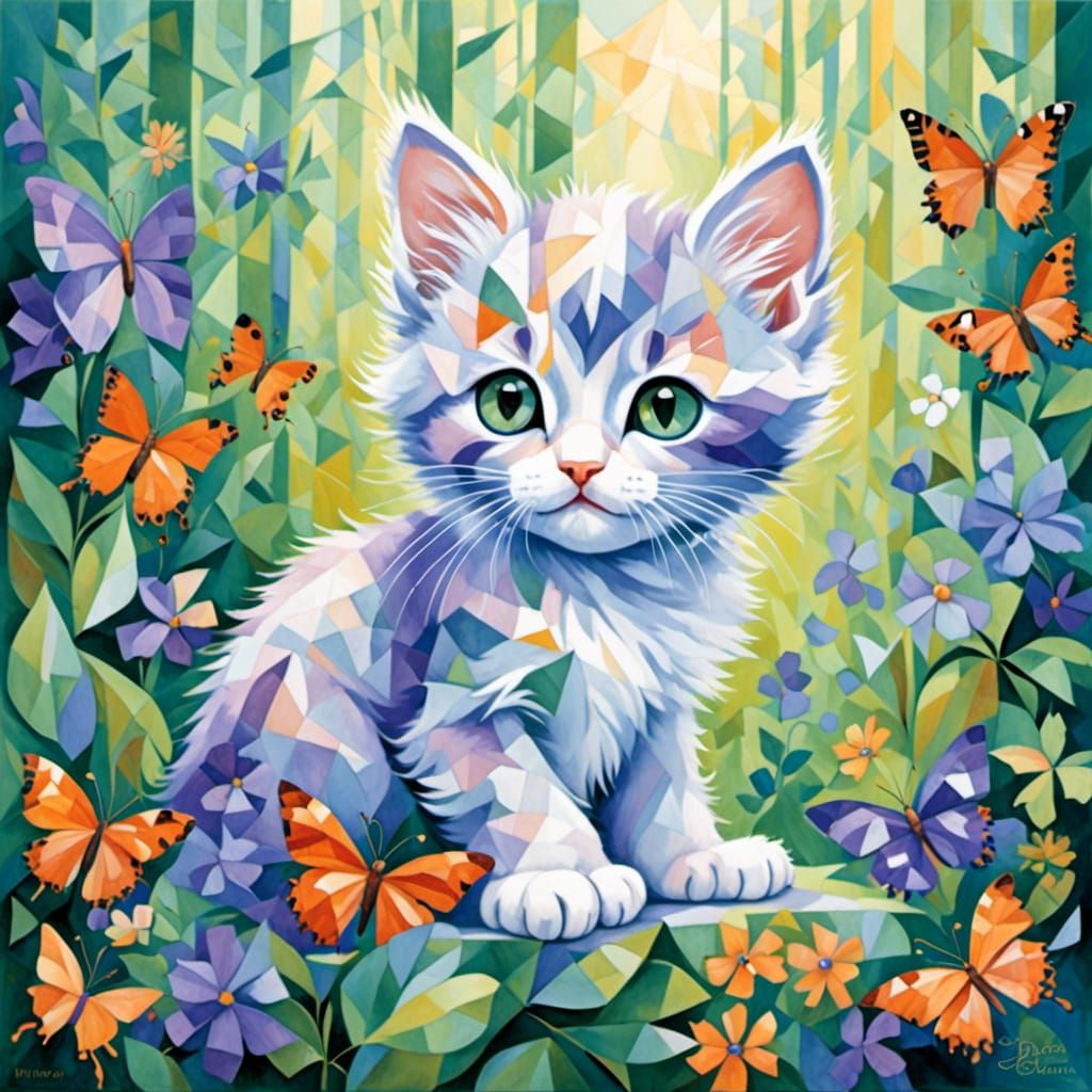 Fuzzy Kitten Portrait in Crystal Cubism Style
