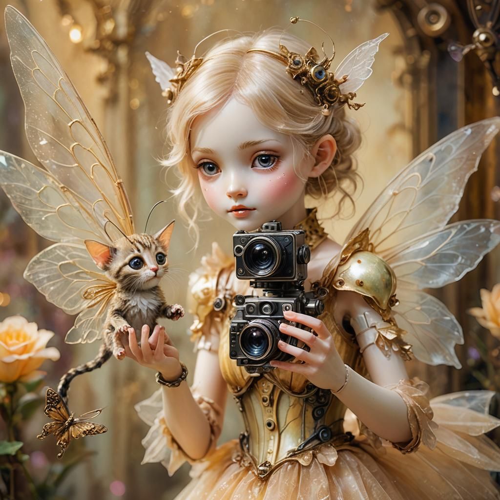 Robotic Fairy Photographing Kitten in Watercolor Style