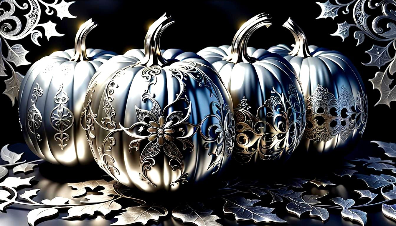 Shimmering Silver Pumpkins with Fractal Filigree Design