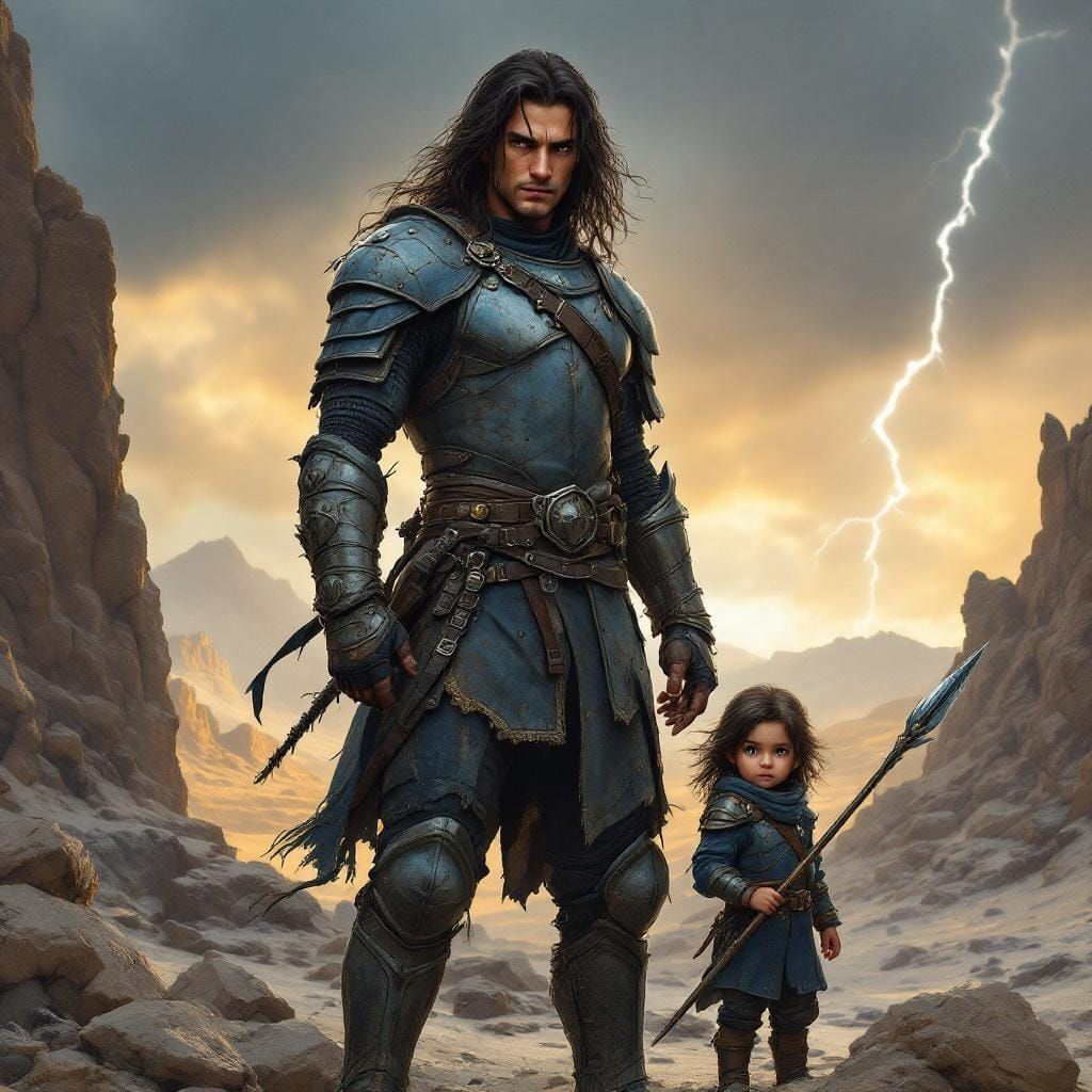 Father and Child on Shattered Plains in Epic Fantasy Style