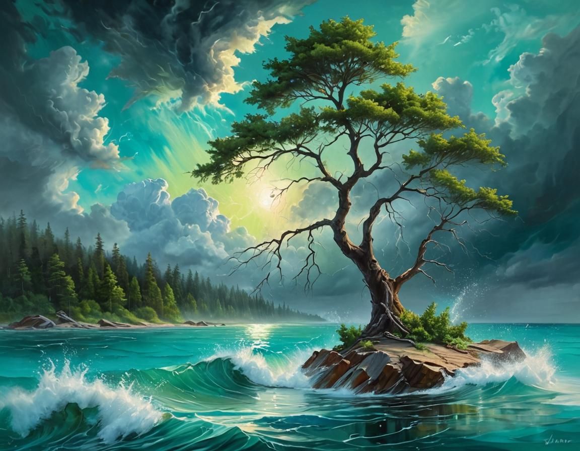 Nebula Storm Over Emerald Lake: Oil Painting