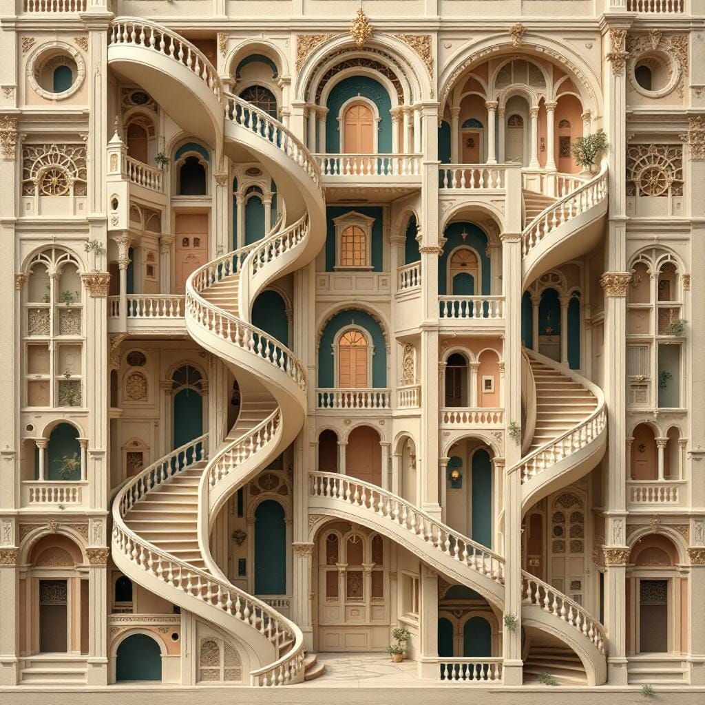 Escher-Inspired Rococo Architecture with Spiraling Staircase...