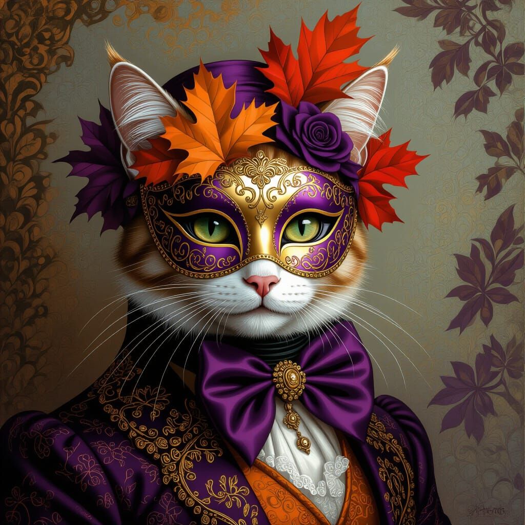 Anthropomorphic Cat in Autumnal Masquerade Mask Portrait