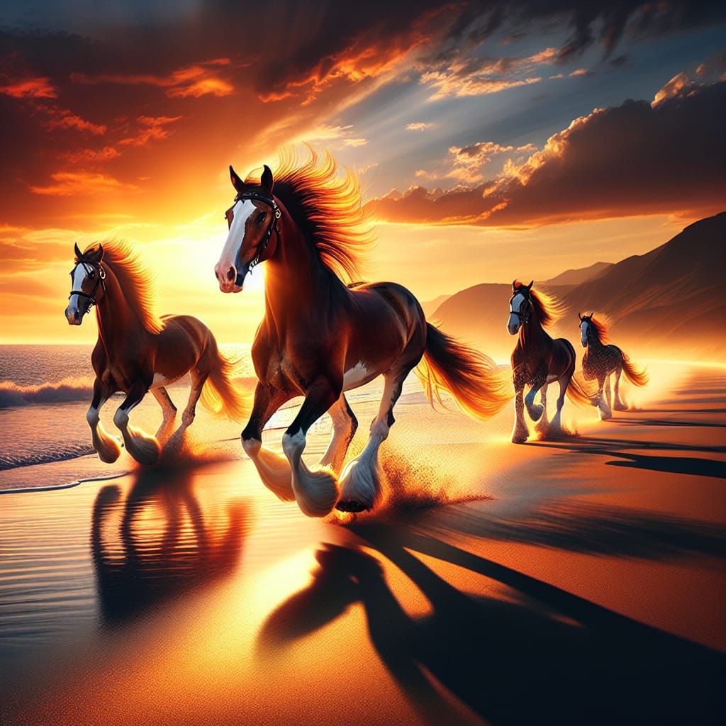 Clydesdale Horses Galloping on Beach at Sunset