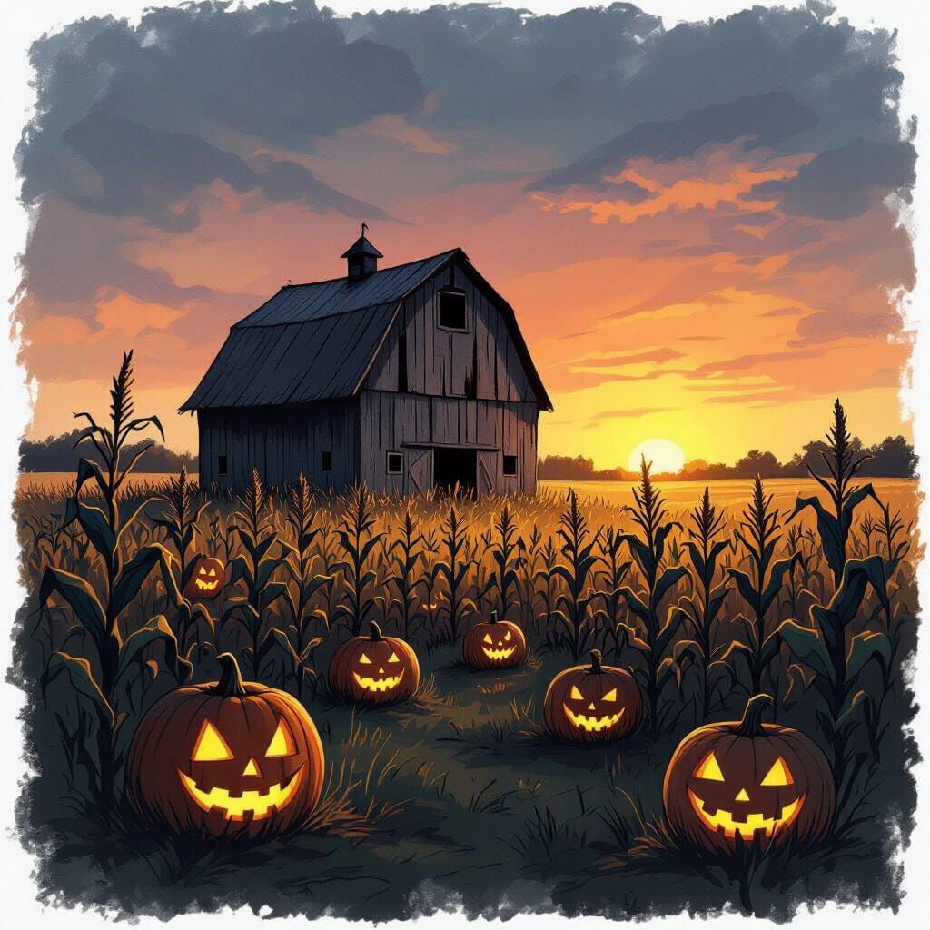 Spooky Farm Sunset Sketch: Barn, Pumpkins, Cinematic Frame