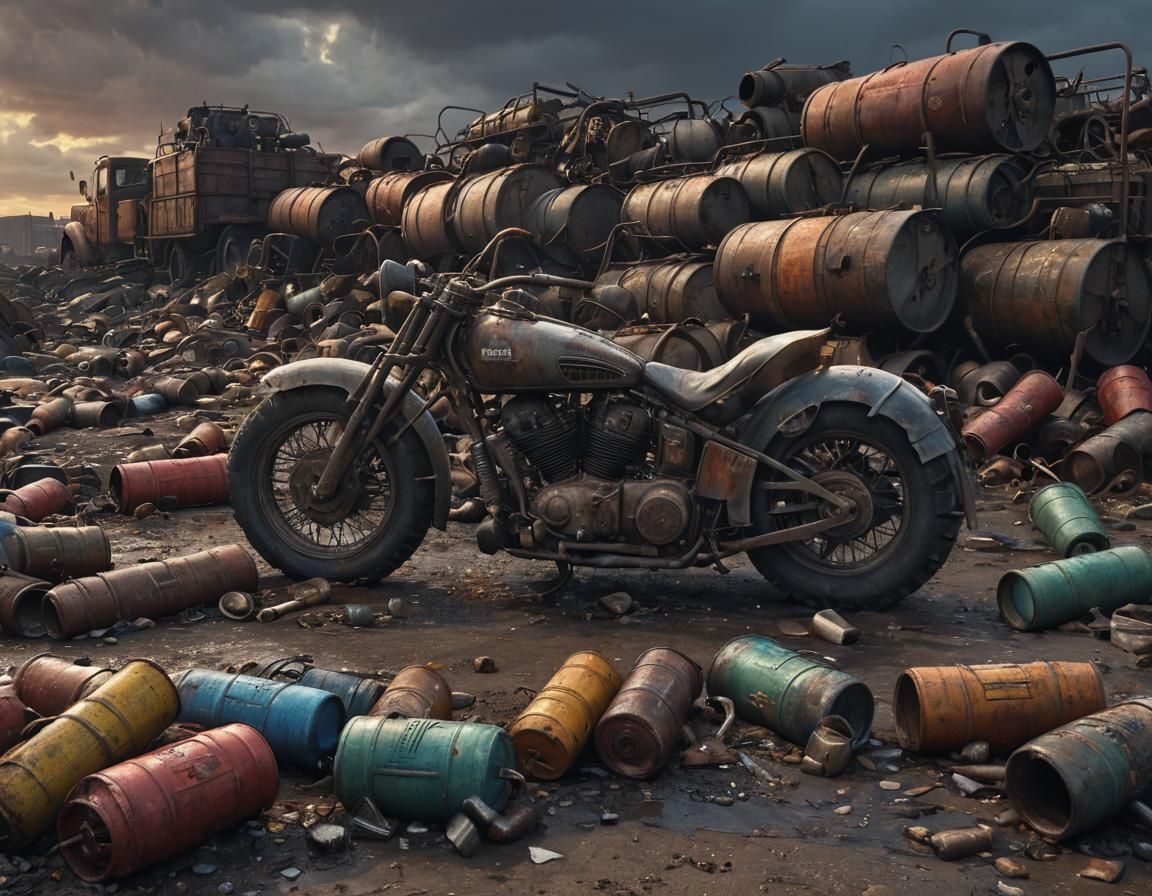 Dieselpunk Motorcycle in Grim Industrial Junkyard