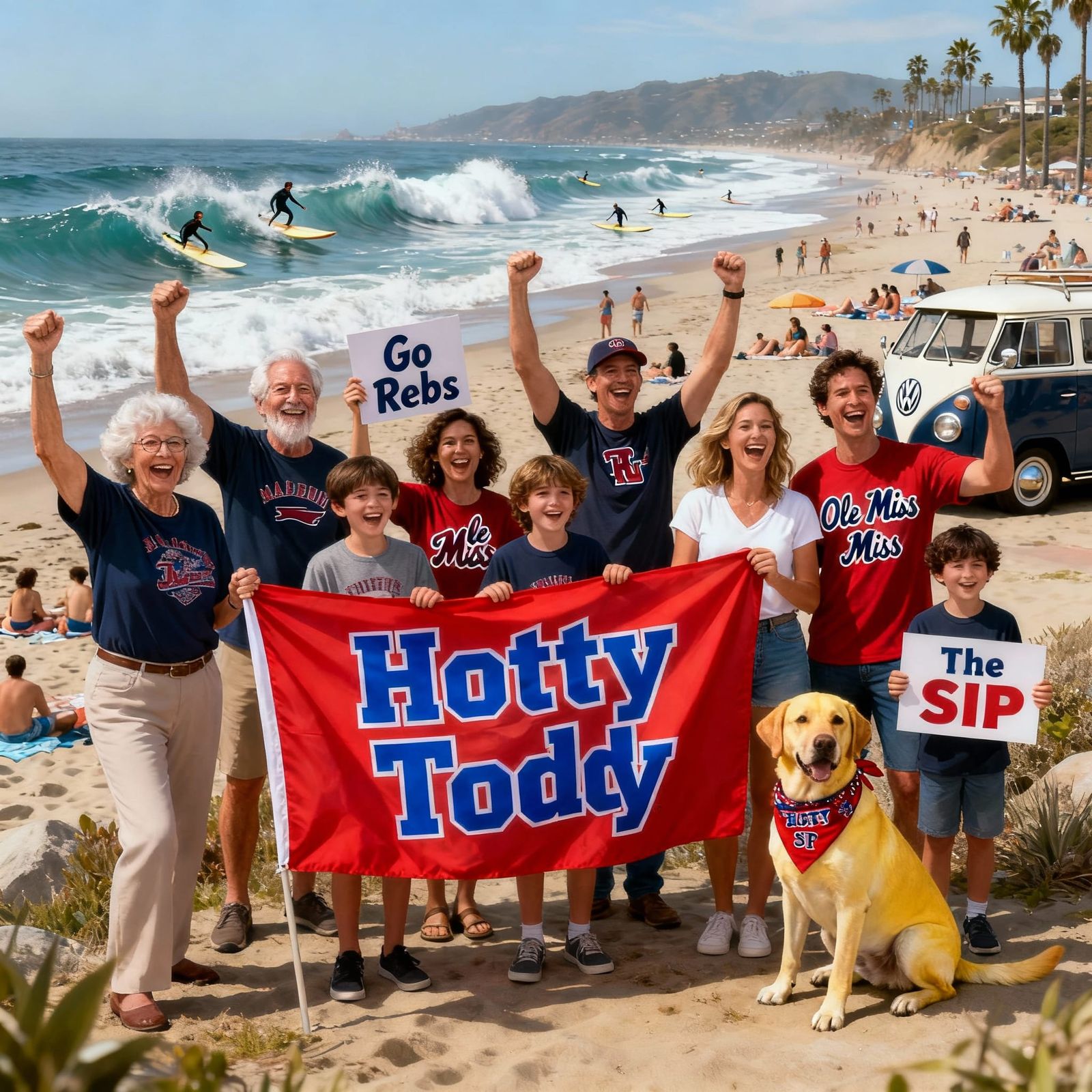 Family Cheers on Beach in Malibu with Ole Miss Flags