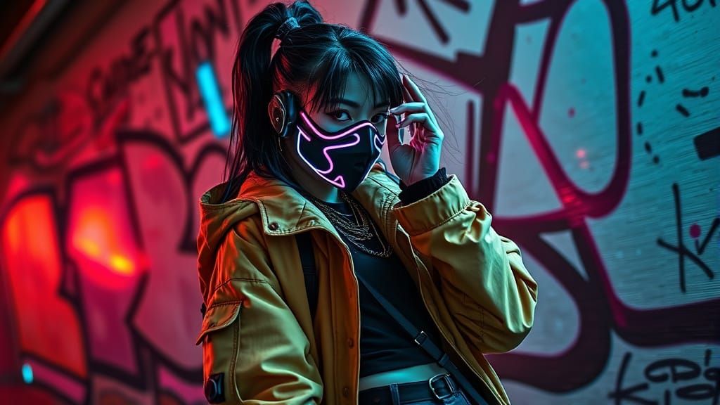 Street Artist in Cyberpunk Style with Neon Lights