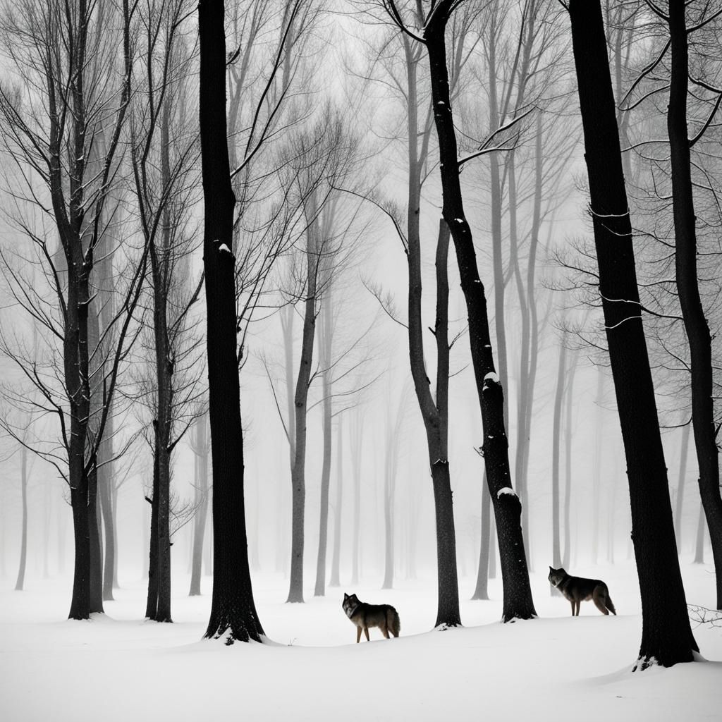 Wolves in Winter Blizzard Among Bare Trees
