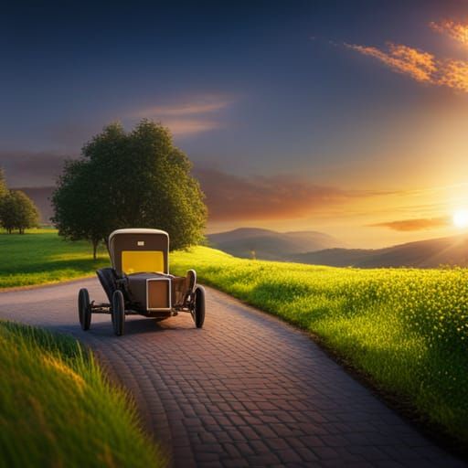 Old-Fashioned Buggy Car on Cobbled Road at Sunrise