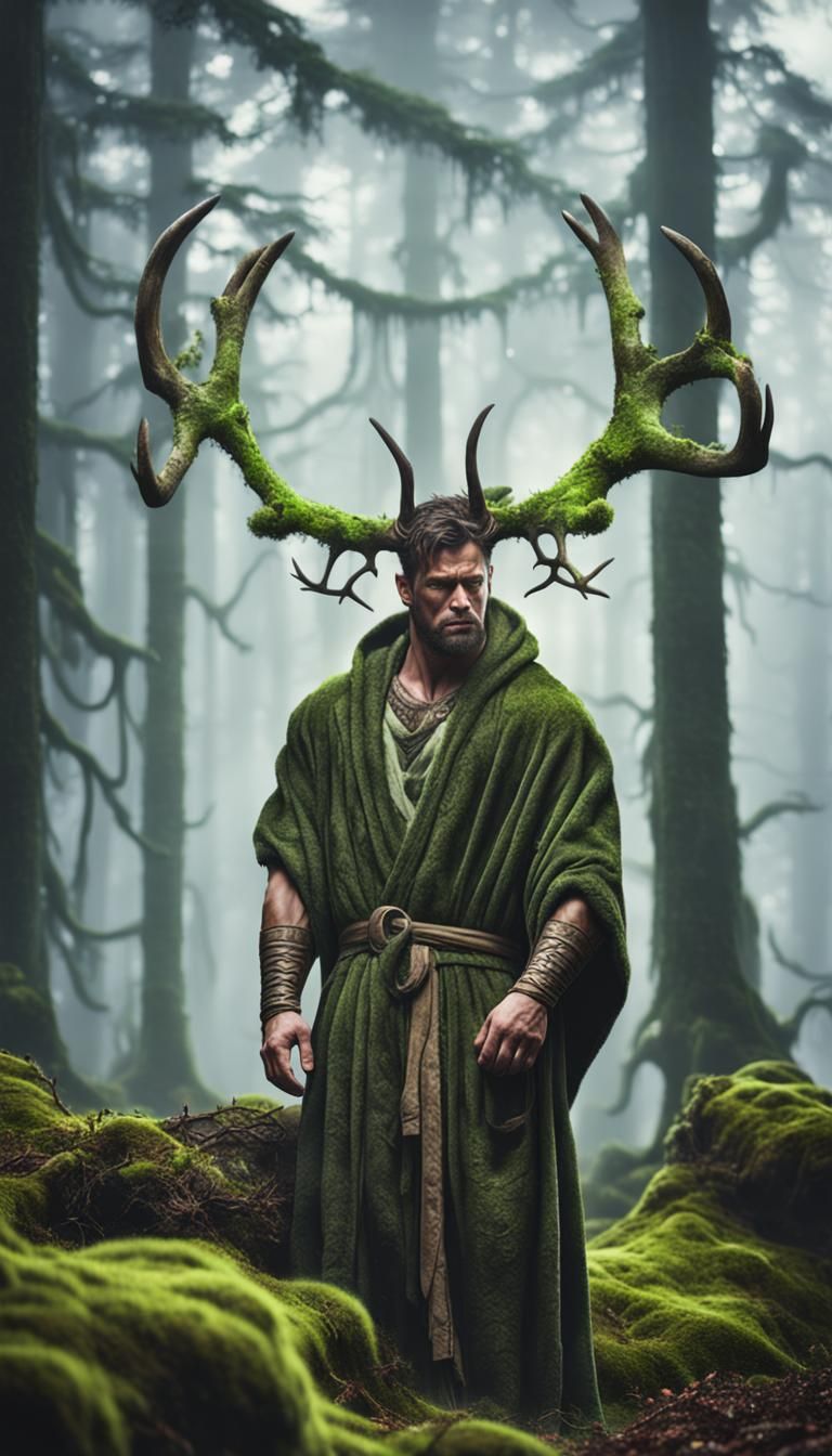 Man with Antlers Asleep in Misty Forest