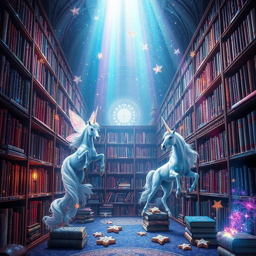 Luminous Astral Library with Unicorns and Celestial Delights