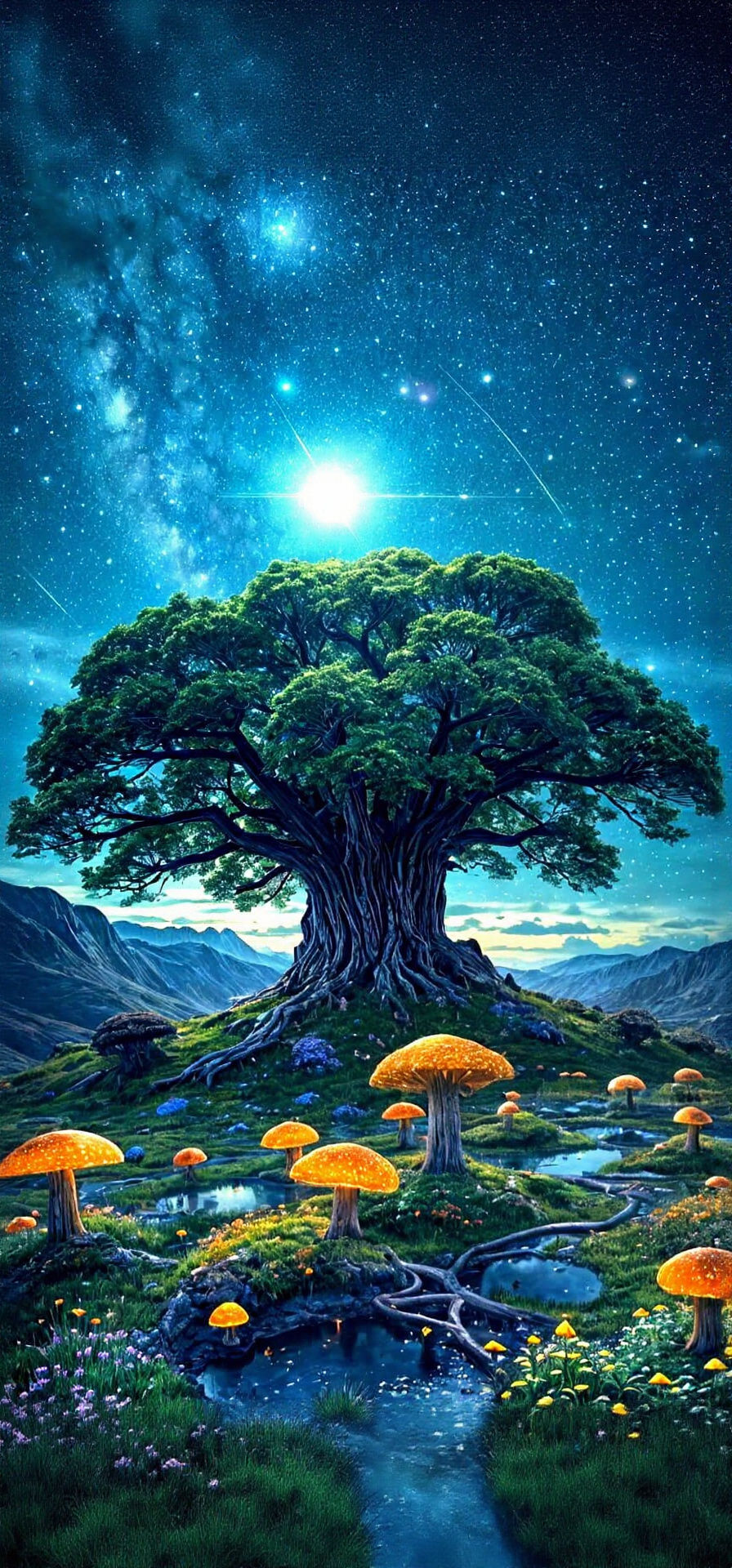 Greenland Starry Night with Glowing Ancient Tree