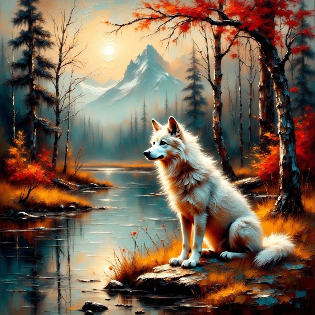 Earthly Wolf by a River in Impasto Oil Painting