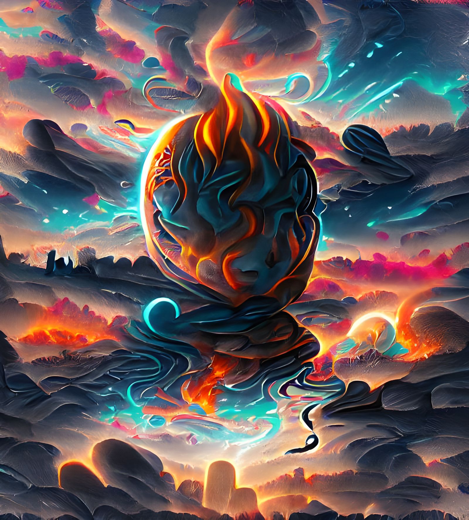 Cloudy Planet Orbiting Fiery Sun in Cel-Shaded Style