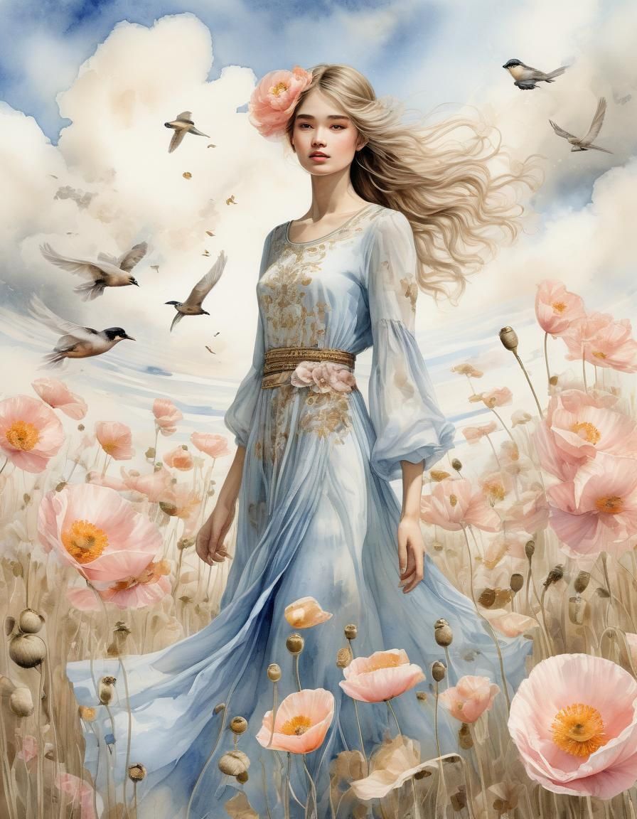 Watercolor Woman with Poppies and Birds