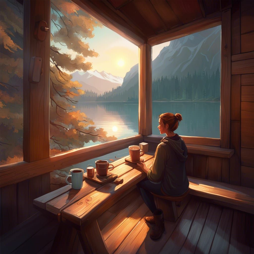 Cozy Cabin Overlooking Lake: Hyperdetailed Artstation Image