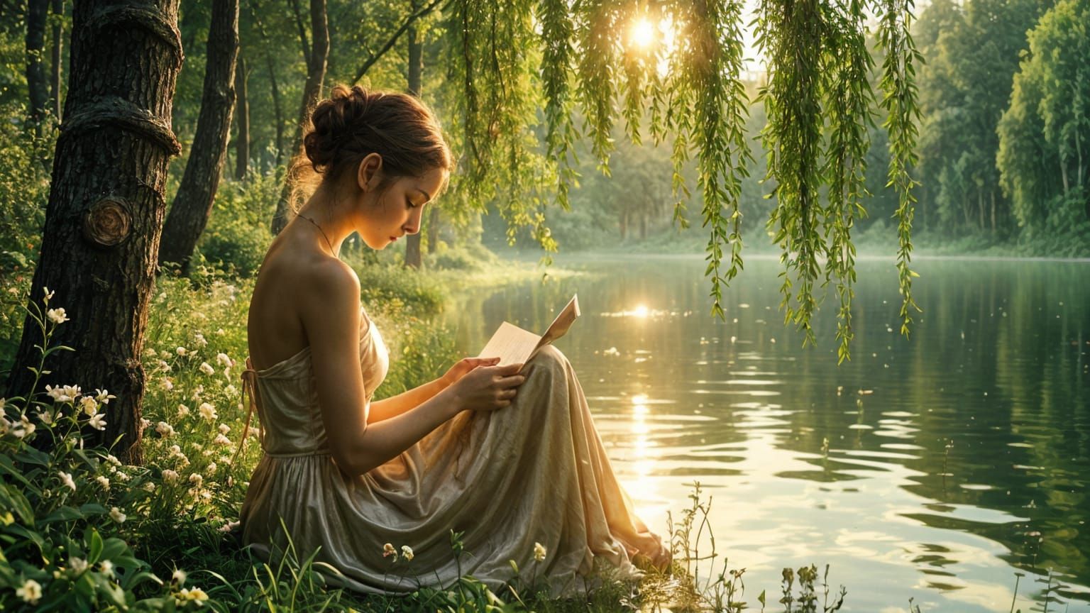 Elegant Woman Writes in a Garden under a Willow Tree
