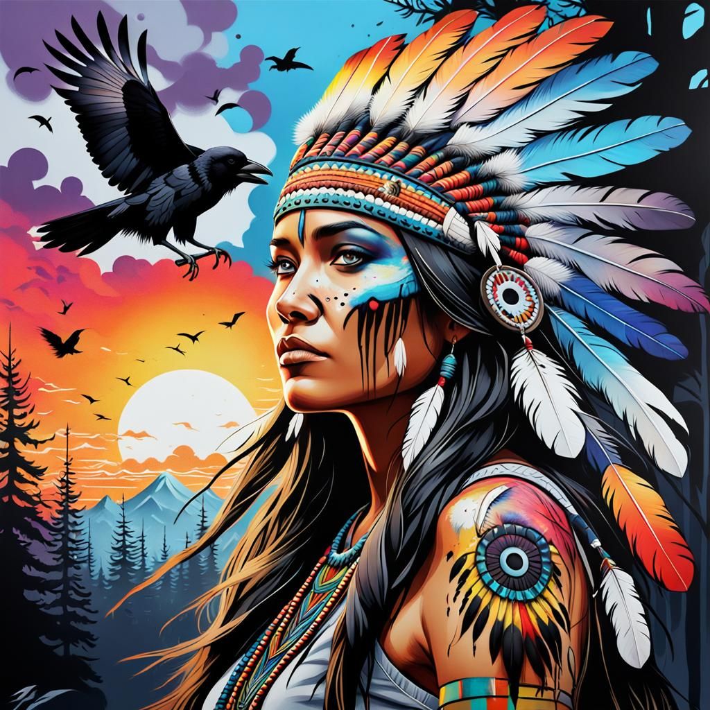 Native American Woman in Colorful Graffiti Art