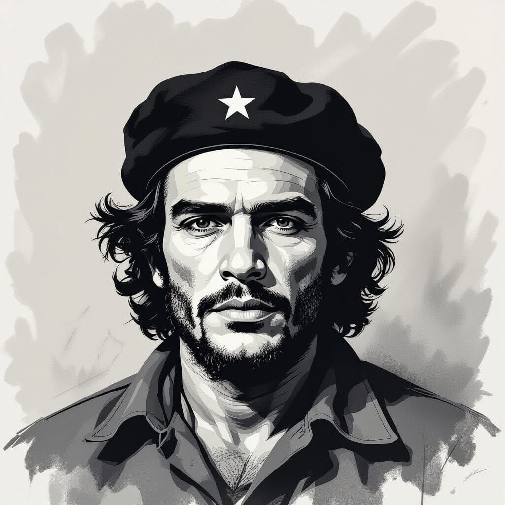 Monochrome Portrait of Revolutionary Figure in Graphic Art S...