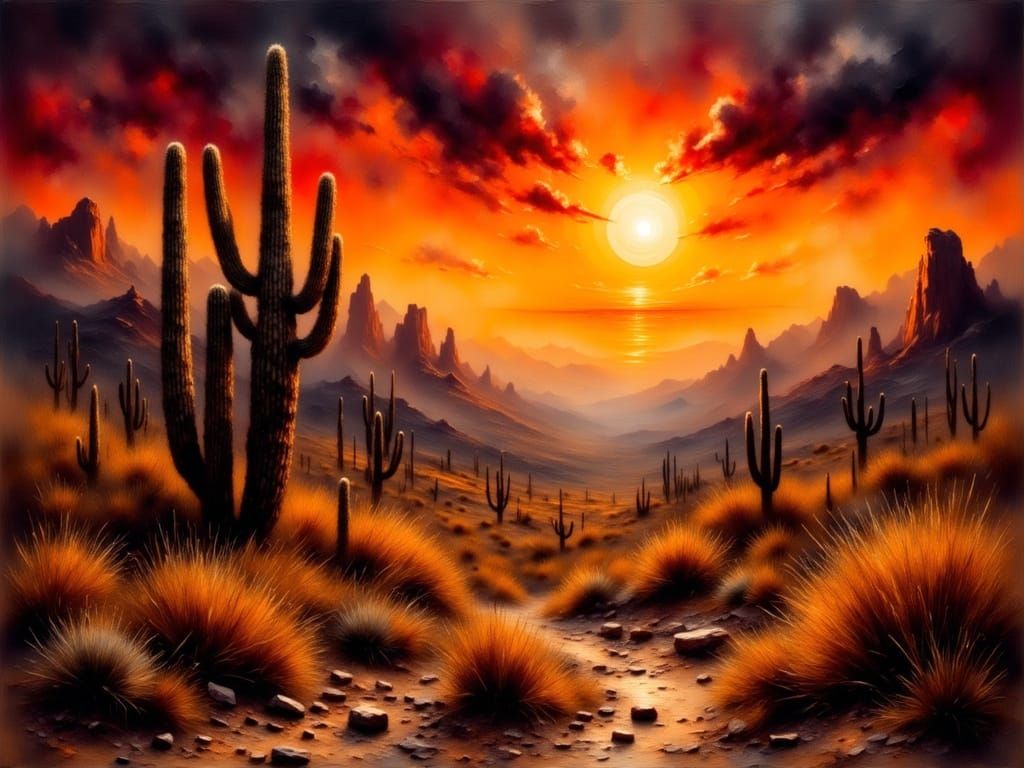 Dramatic Desert Landscape in Oil Painting Style