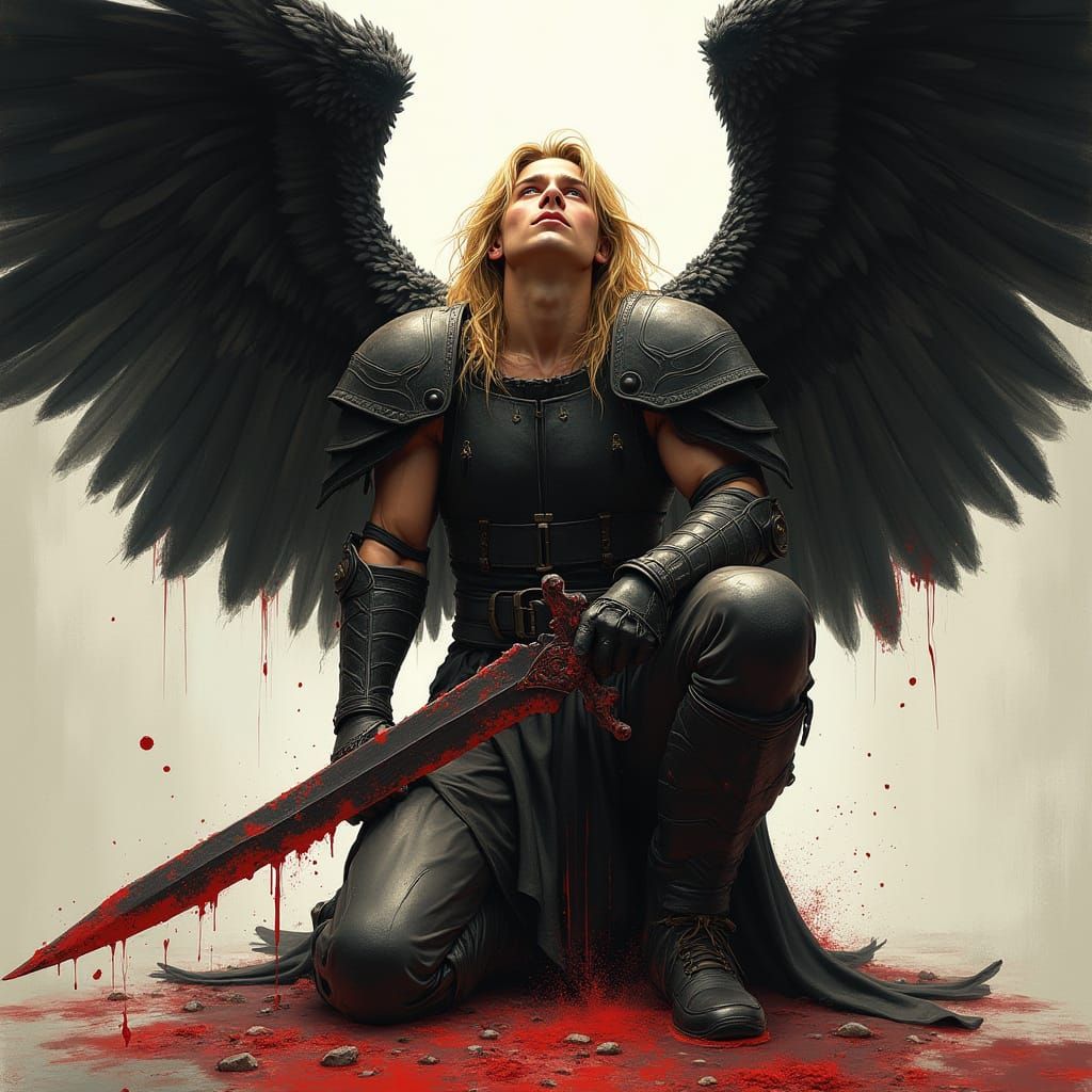 Dark Fallen Angel with Black Blazed Wings and Fiery Sword