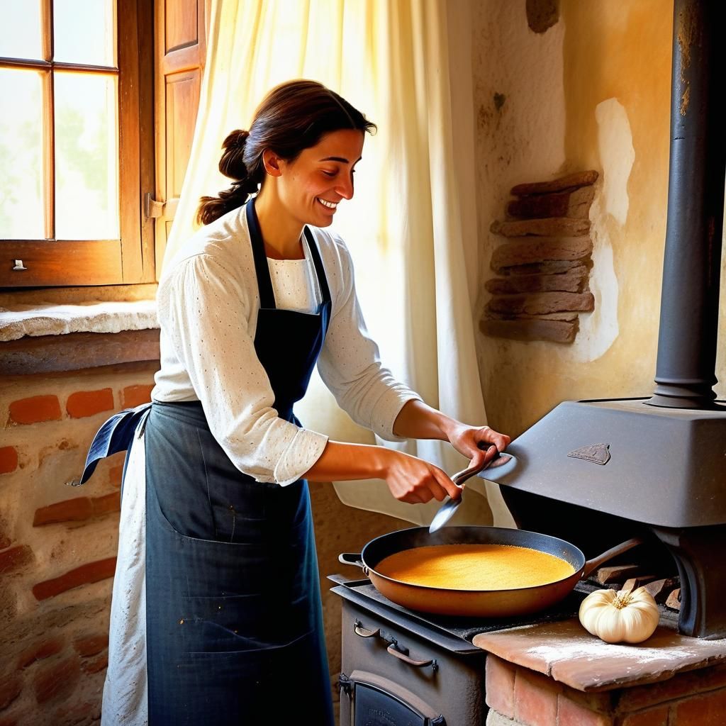Italian Woman Cooking Soffritto, Impressionist Painting