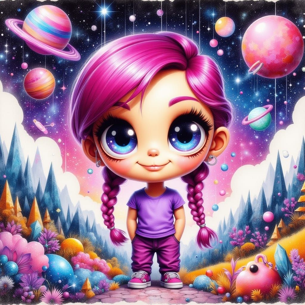 Chibi Toddler Girl in Surreal Geometric Dreamscape