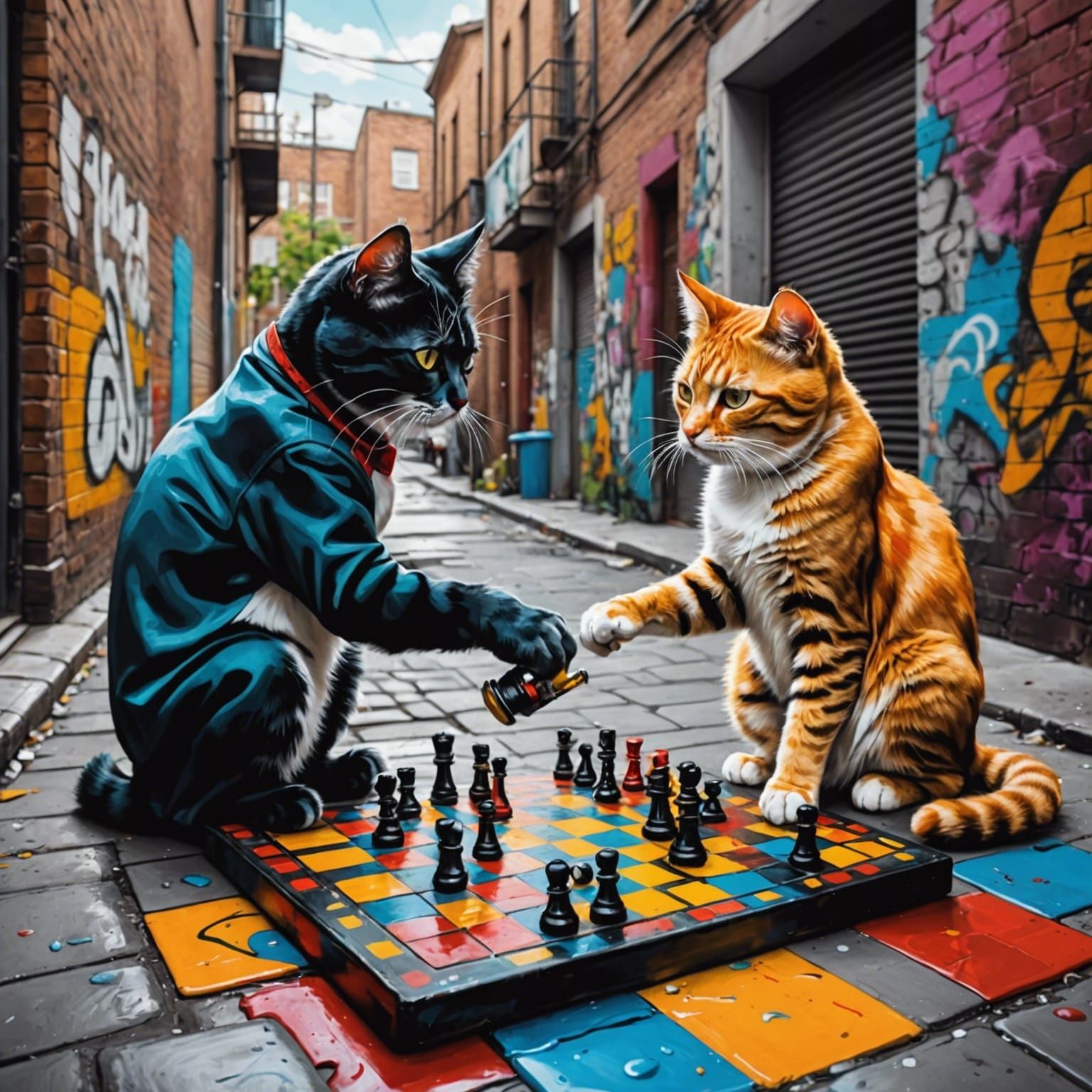 Cats Playing Checkers: Graffiti Street Art