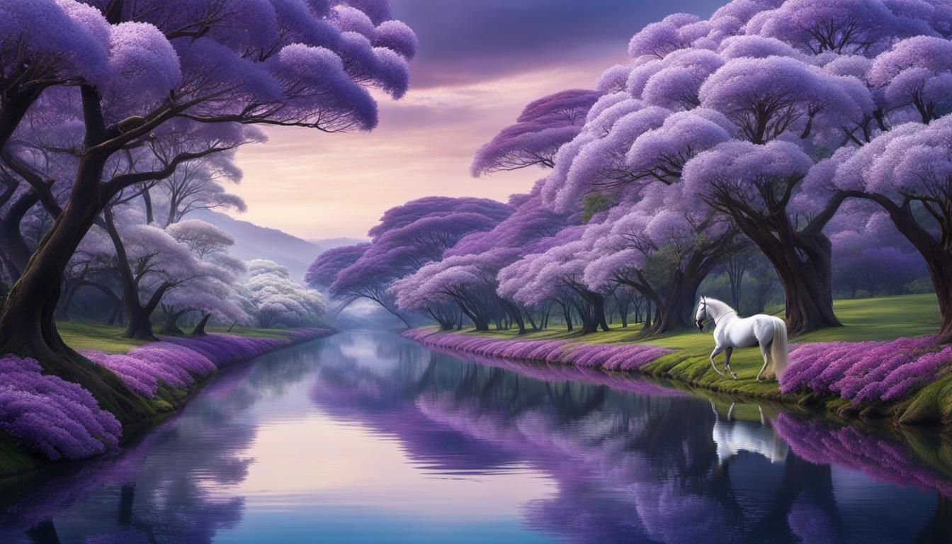 Princess and Jacaranda Trees: Cinematic River Scene