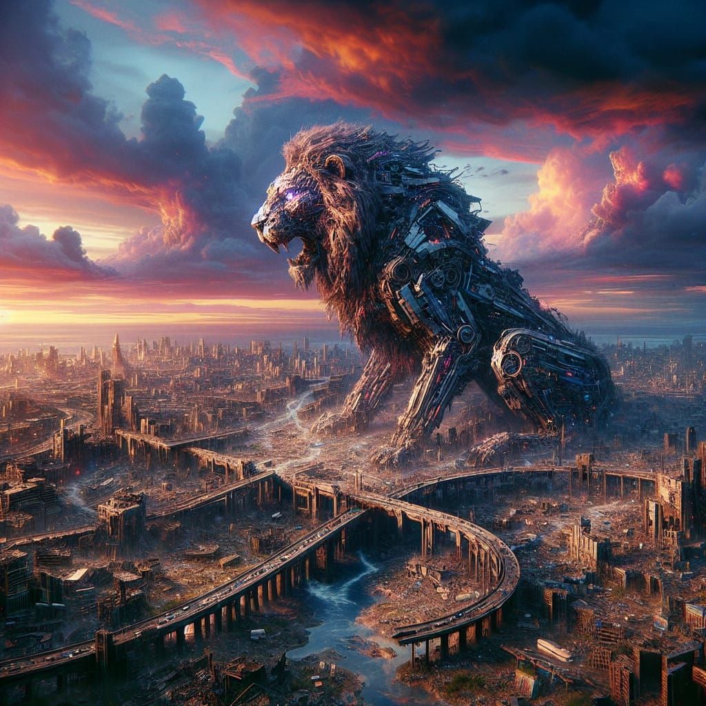 Post-Apocalyptic Robotic Lion Emerges in Matte Painting