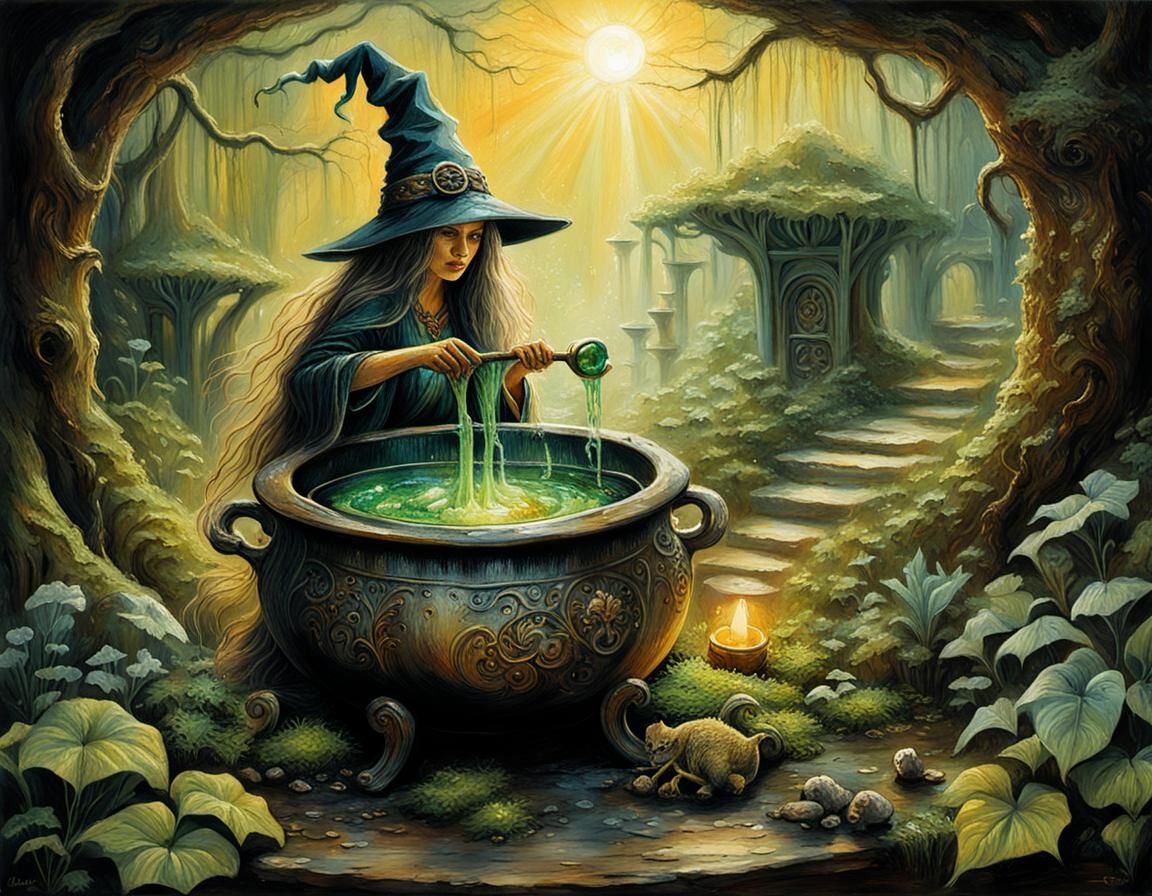 Fantasy Witch Brews Potion, Impasto Acrylic Painting