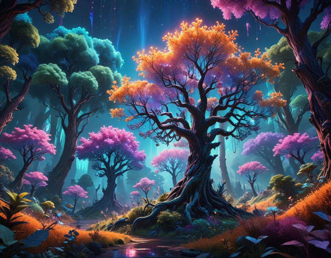 Surrealistic Fantasy Creatures Roam an Iridescent, Glowing F...