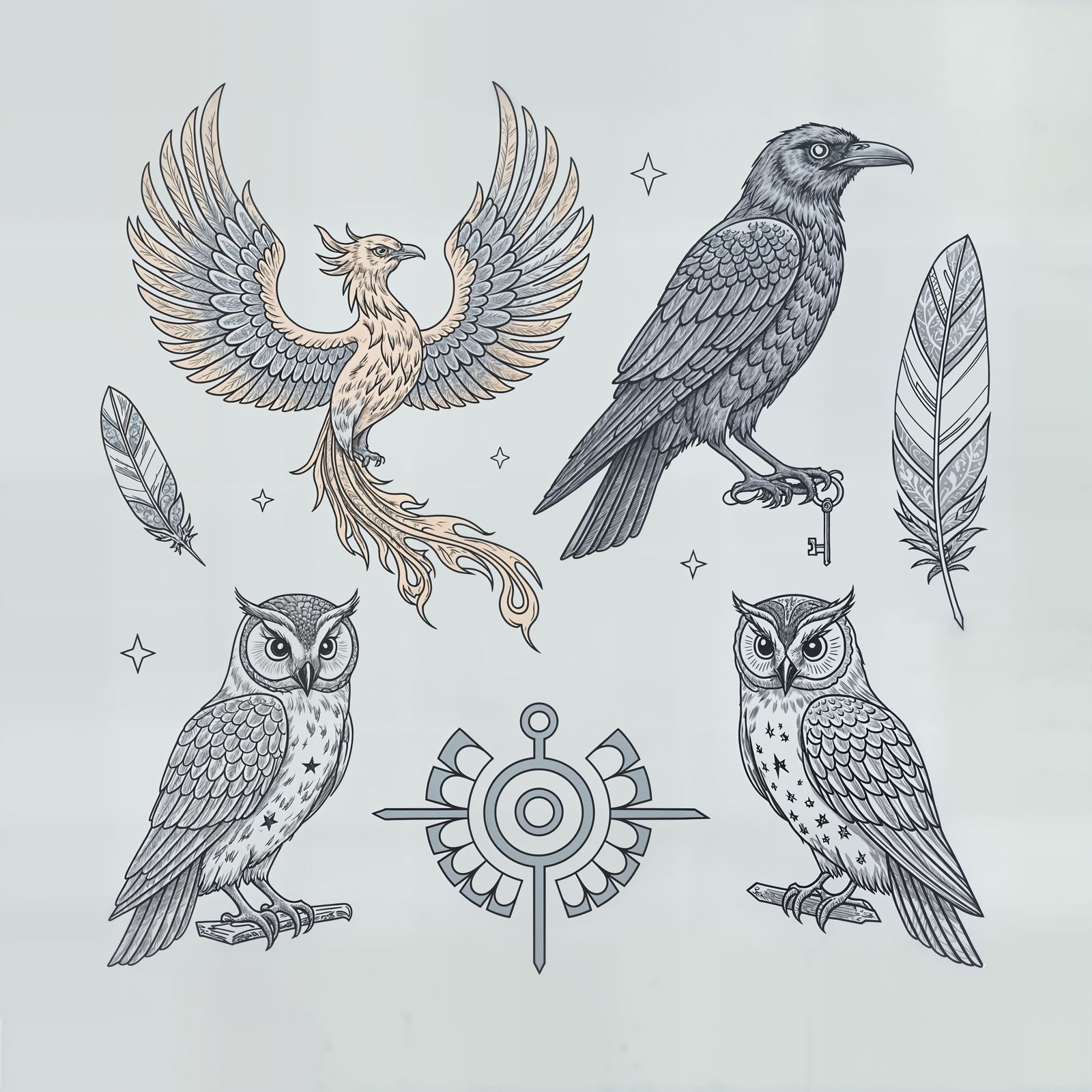 Mythical Birds Tattoo Flash Sheet in Fantasy Style