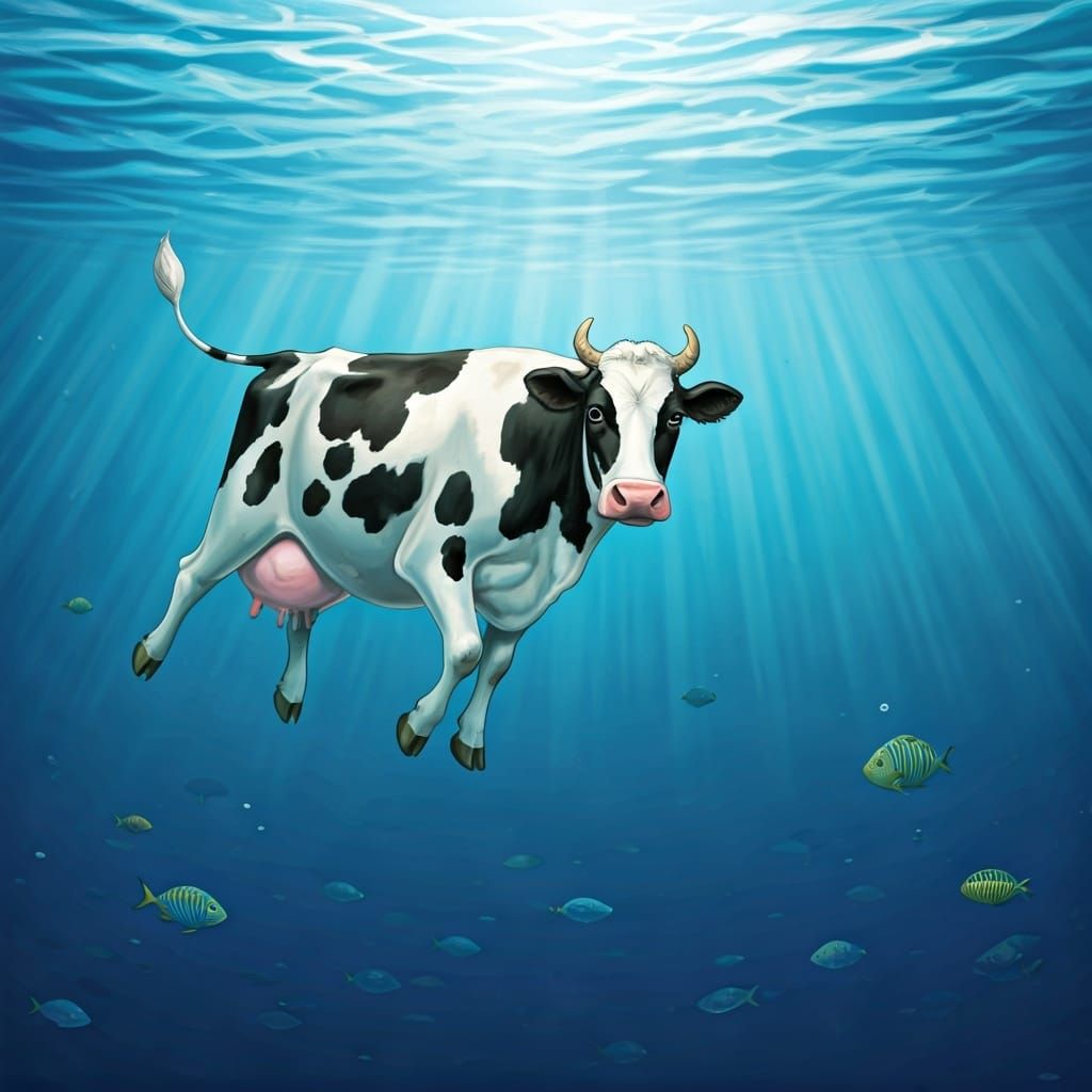 Cow Swimming in a Big Blue Ocean