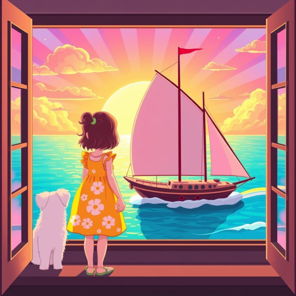 Little Girl and Dog Admire Whimsical Sailboat Scene