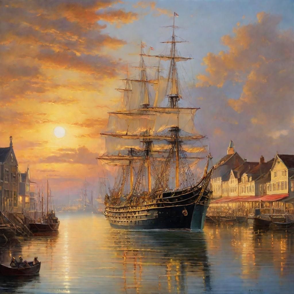Majestic Warship Enters Harbor at Dawn in a Vibrant Oil Pain...
